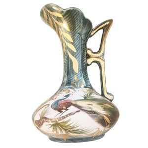Vintage H. Bequet Quaregnon Belgium 7" Ewer Pitcher Vase Peacock Design #374